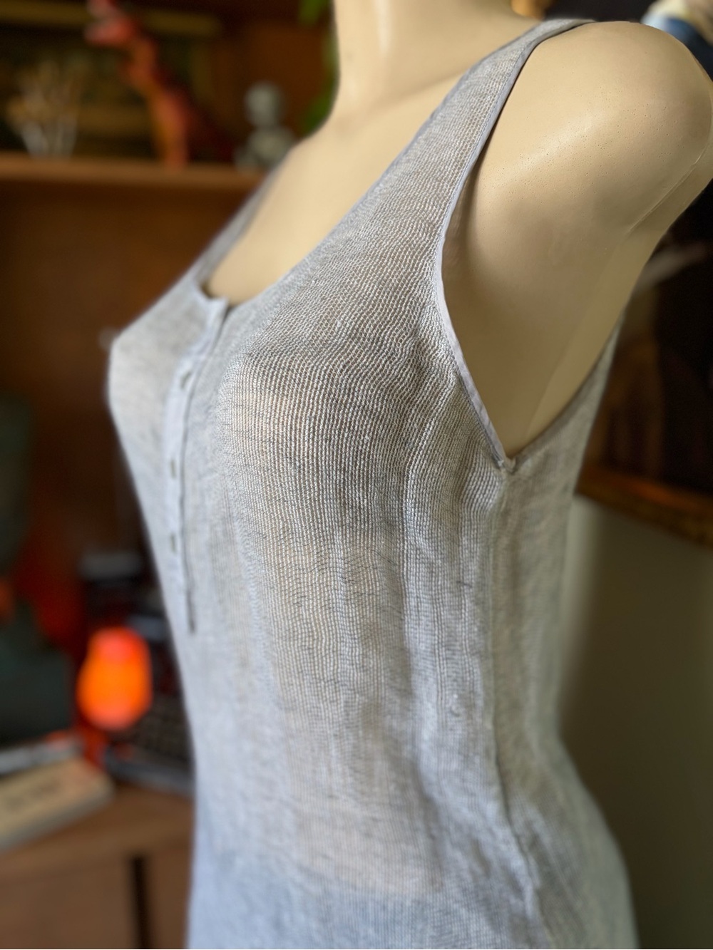 Eileen Fisher Gray Silver Mesh Linen Henley Tank Top Womans Size S Minimalist - Picture 6 of 16